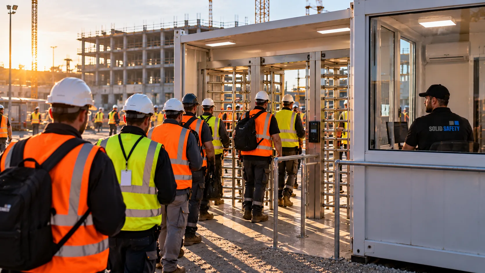 Schichtbeginn: Arbeiter warten mit Ausweisen am Drehkreuz-Container (KI-generiert)