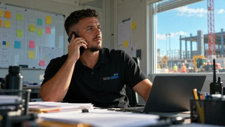 Schichtleiter koordiniert im Container-Büro per Telefon (KI-generiert)