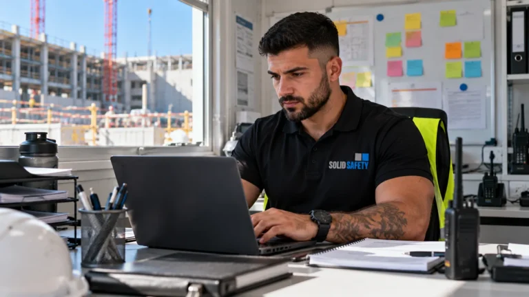 Schichtleiter führt im Container-Büro das digitale Wachbuch (KI-generiert)