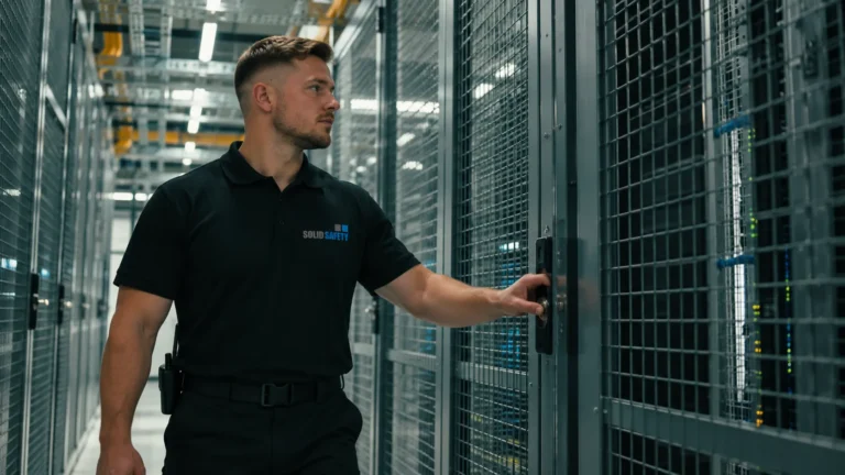 Sicherheitskraft auf Rundgang zwischen Colocation-Käfigen im Data Center (KI-generiert)