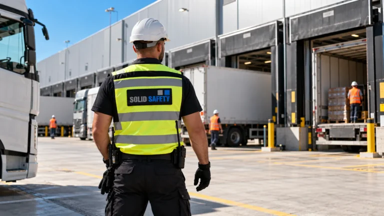 Sicherheitskraft an den Laderampen eines Logistikzentrums (KI-generiert)