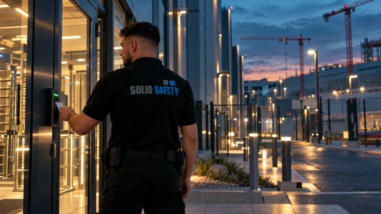 Sicherheitskraft am Eingang eines Data Centers am Abend (KI-generiert)