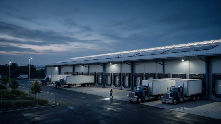 Sicherheitskraft mit Taschenlampe an den Laderampen eines Logistikzentrums in der Dämmerung