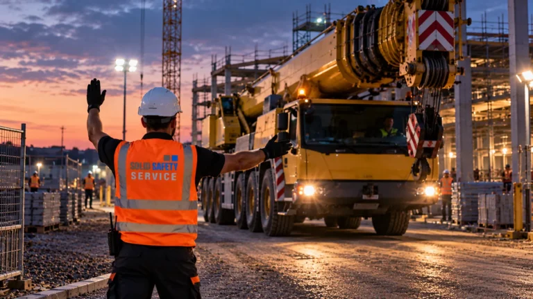 Verkehrseinweiser lotst in der Dämmerung einen Autokran (KI-generiert)