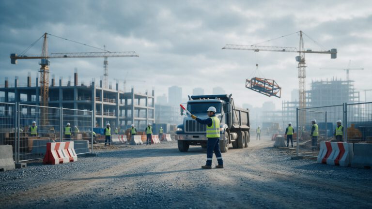 Verkehrseinweiser mit Einweiserkelle auf einer Rechenzentrumsbaustelle