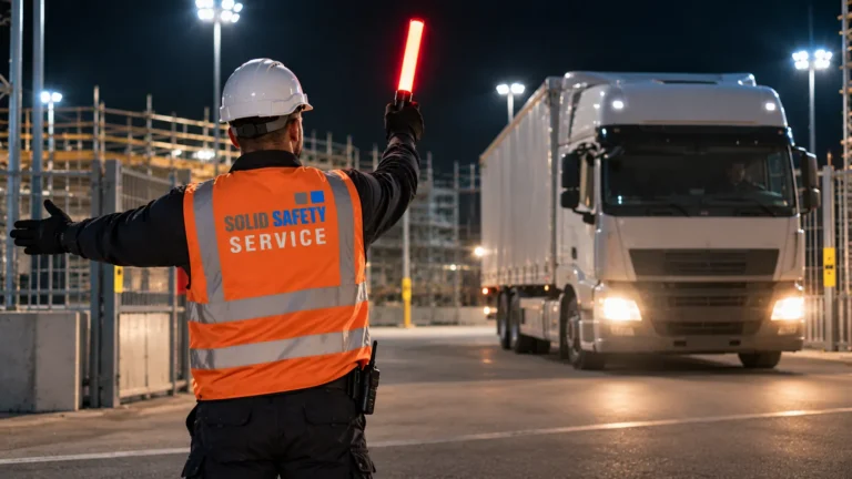 Verkehrseinweiser mit Leuchtstab sichert nachts die Baustellenausfahrt (KI-generiert)