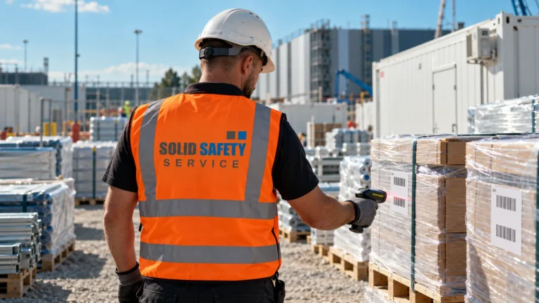Wareneingang auf der Baustelle: Bauhelfer scannt Paletten (KI-generiert)